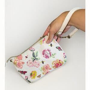 Betsey Johnson White Wristlet Clutch Handbag Floral Bee Butterfly Gold Chain